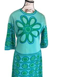 Vera 1960s Mod Flower Power A Line Dress Cotton Slinky Midi